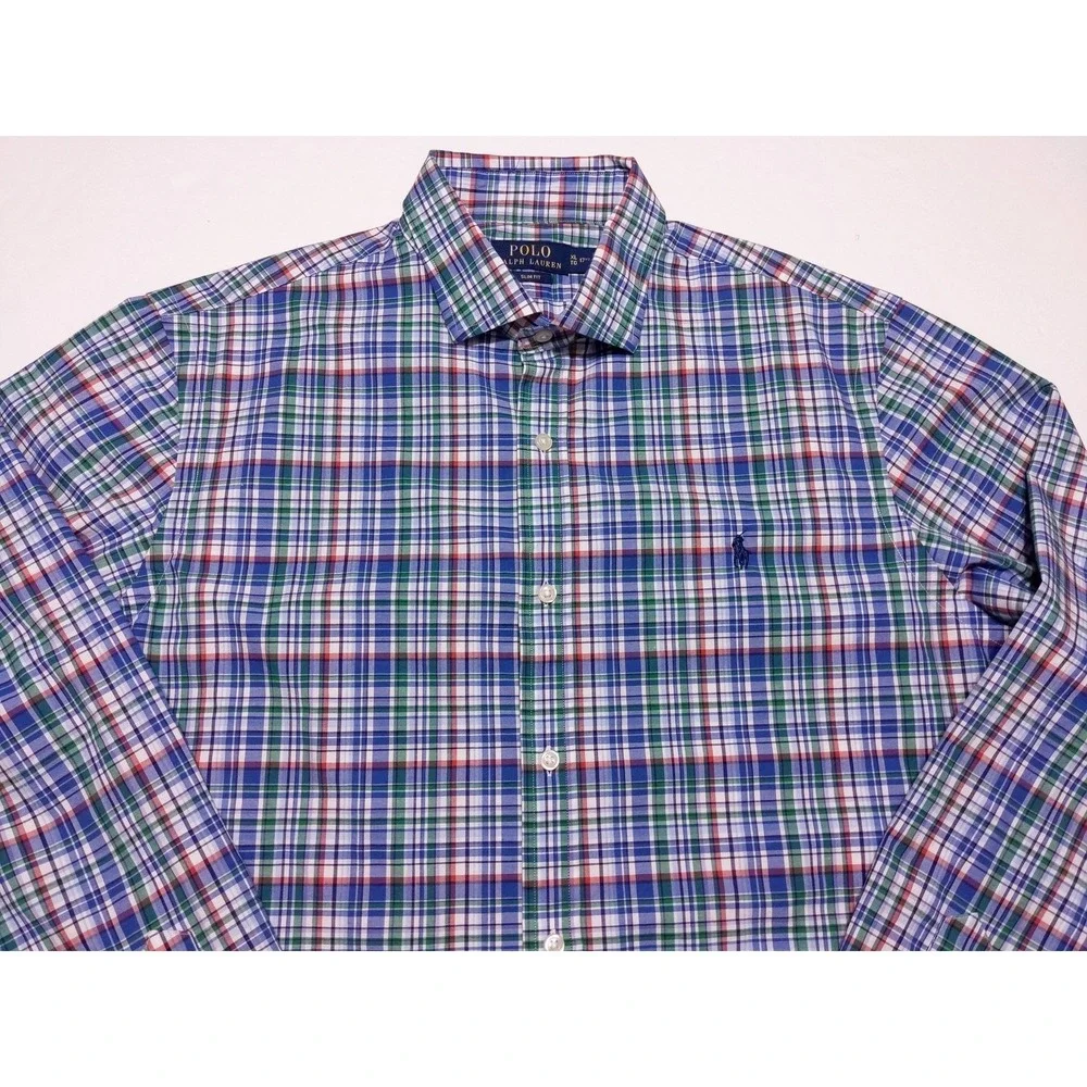 POLO RALPH LAUREN Long Sleeve Button Shirt Blue Green Red Plaid XL Slim‎ Fit